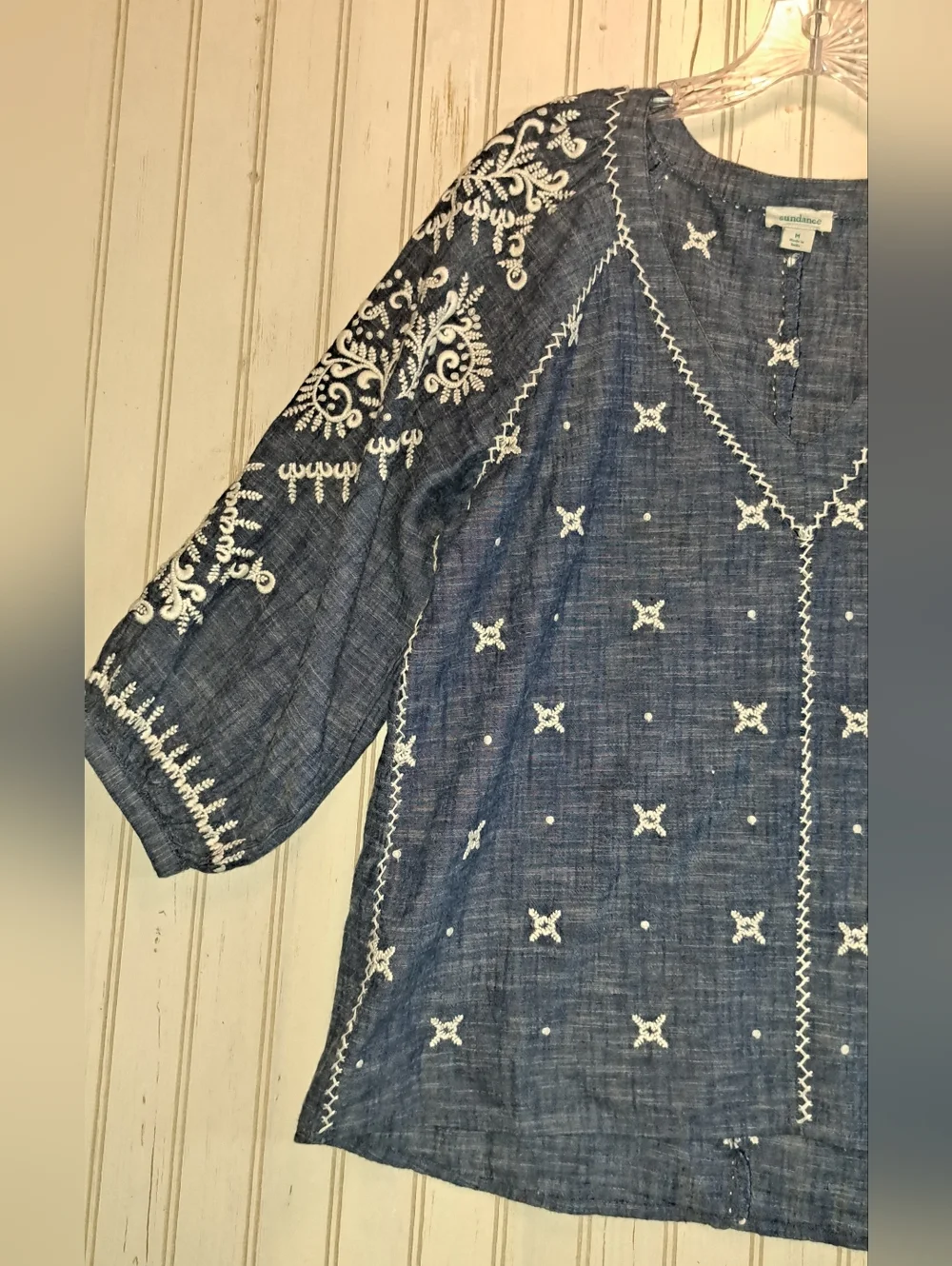 Sundance Blue Embroidered Peasant Top Blouse Breathable Cotton Boho Medium - Picture 3 of 12